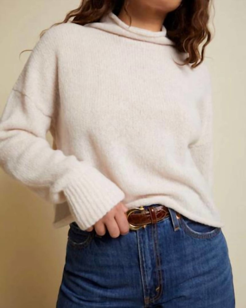 Front of a model wearing a size L Galen Roll Neck Sweater in Baby'S Breath in Baby'S Breath by Nation LTD. | dia_product_style_image_id:343289